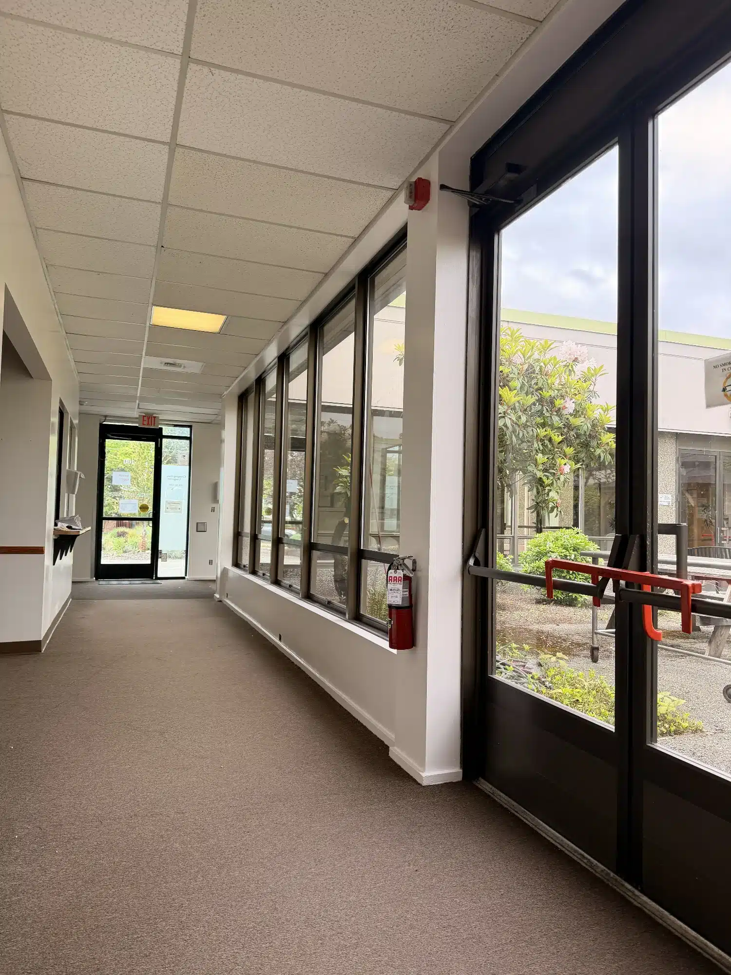 Commercial Interior Corridor Painting Cream-painted commercial interior corridor with drop ceiling, large black-framed windows, and gray flooring in Seattle