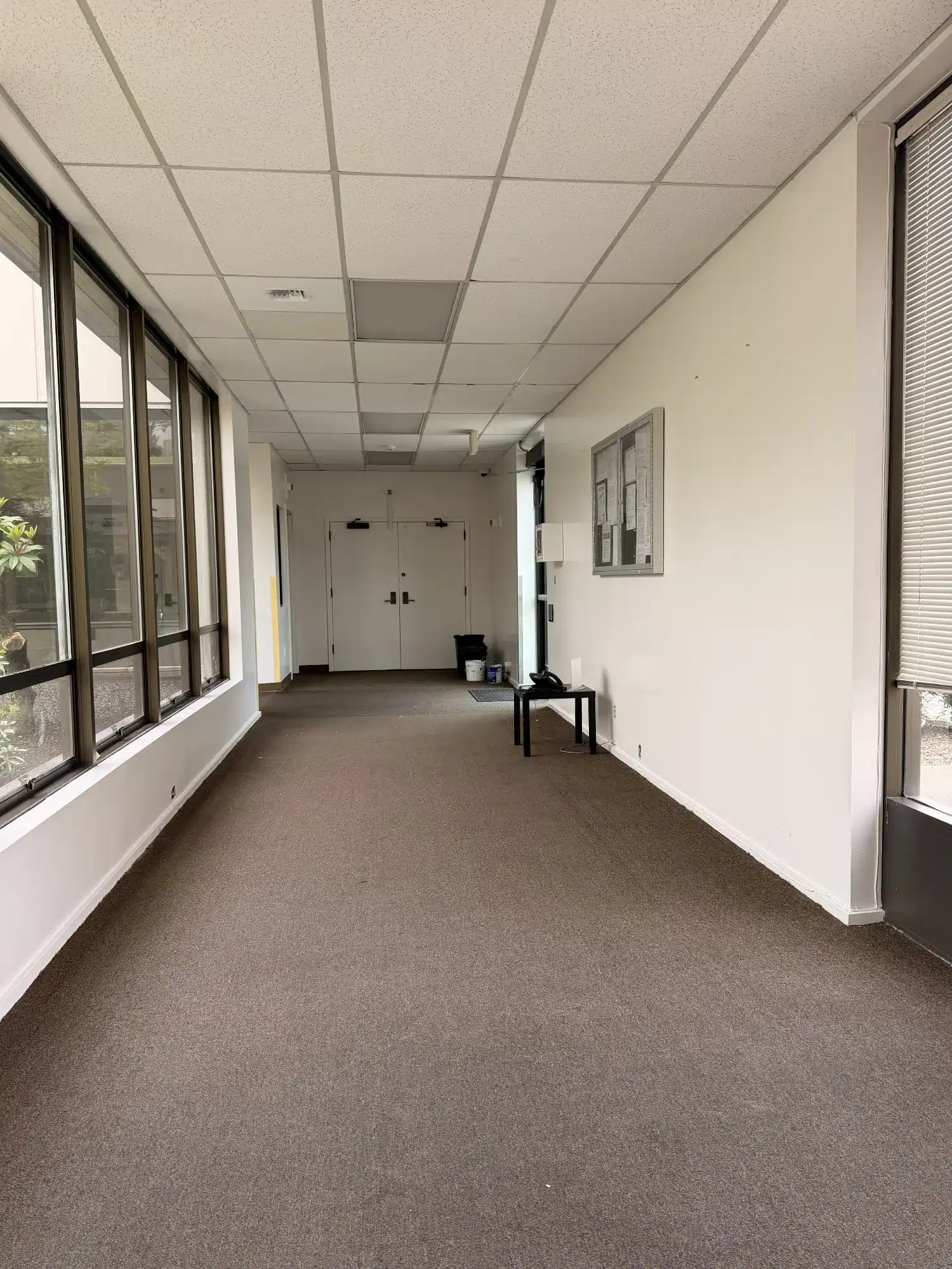Commercial Interior Hallway Painting Cream-painted commercial interior corridor with drop ceiling, brown flooring, and large windows in Seattle office space.